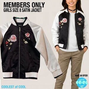 Members Only Jacket girls 8 Black satin Bomber Floral Embroidered Casual Zip Up